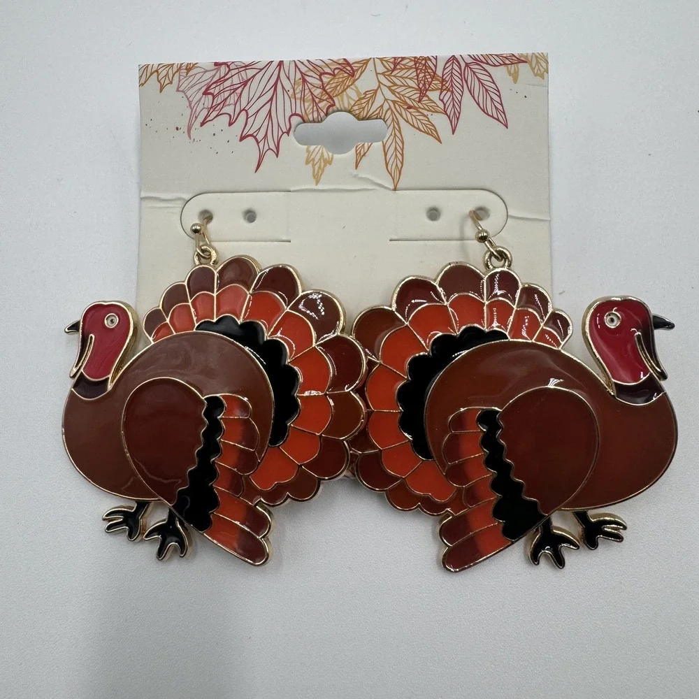 Thanksgiving Turkey Drop Earrings Enamel Fanned Tail Gold Tone Brown Orange NWT